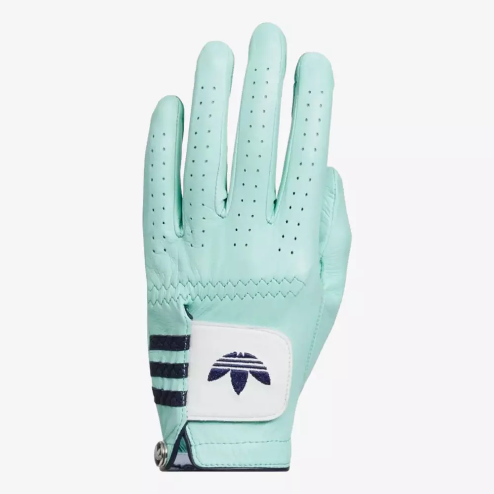 A light blue golf glove with perforations, dark blue stripes, and a logo on the wrist strap is shown against a plain white background—perfectly complementing the style of the best golf bags 2026.