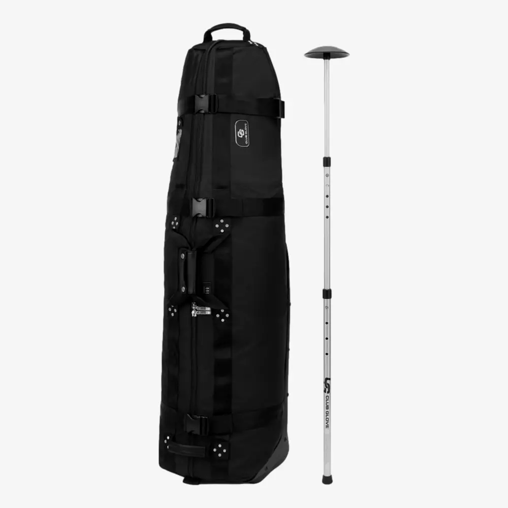 A large black ski bag with handles and buckles stands upright beside a silver ski pole, echoing the sleek design often seen in the best golf rangefinders, both set against a plain white background.