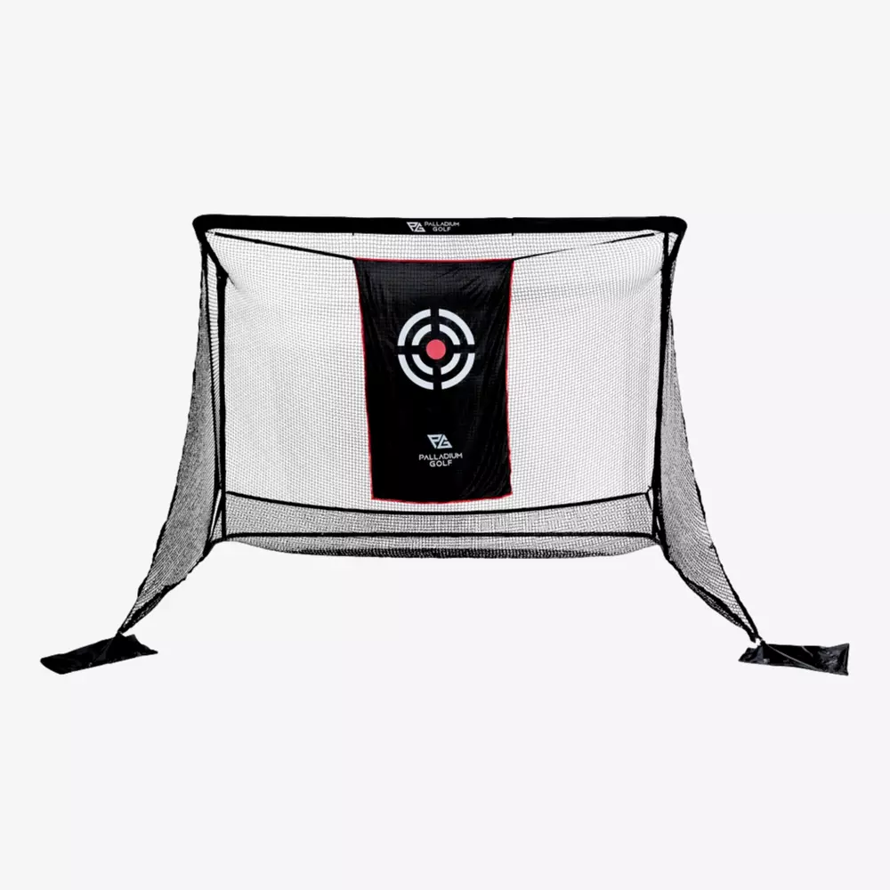 A black and white sports net with a rectangular target sheet—featuring a red, white, and black bullseye—is anchored at the bottom corners. Perfect for practice sessions and one of the best deals under $50.