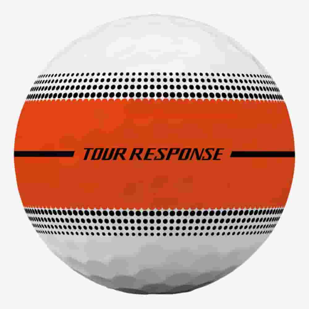 A white golf ball featuring a bold orange stripe around its middle, with TOUR RESPONSE printed in black, and black dotted lines above and below the orange stripe—perfect for pairing with the best golf bags 2026.