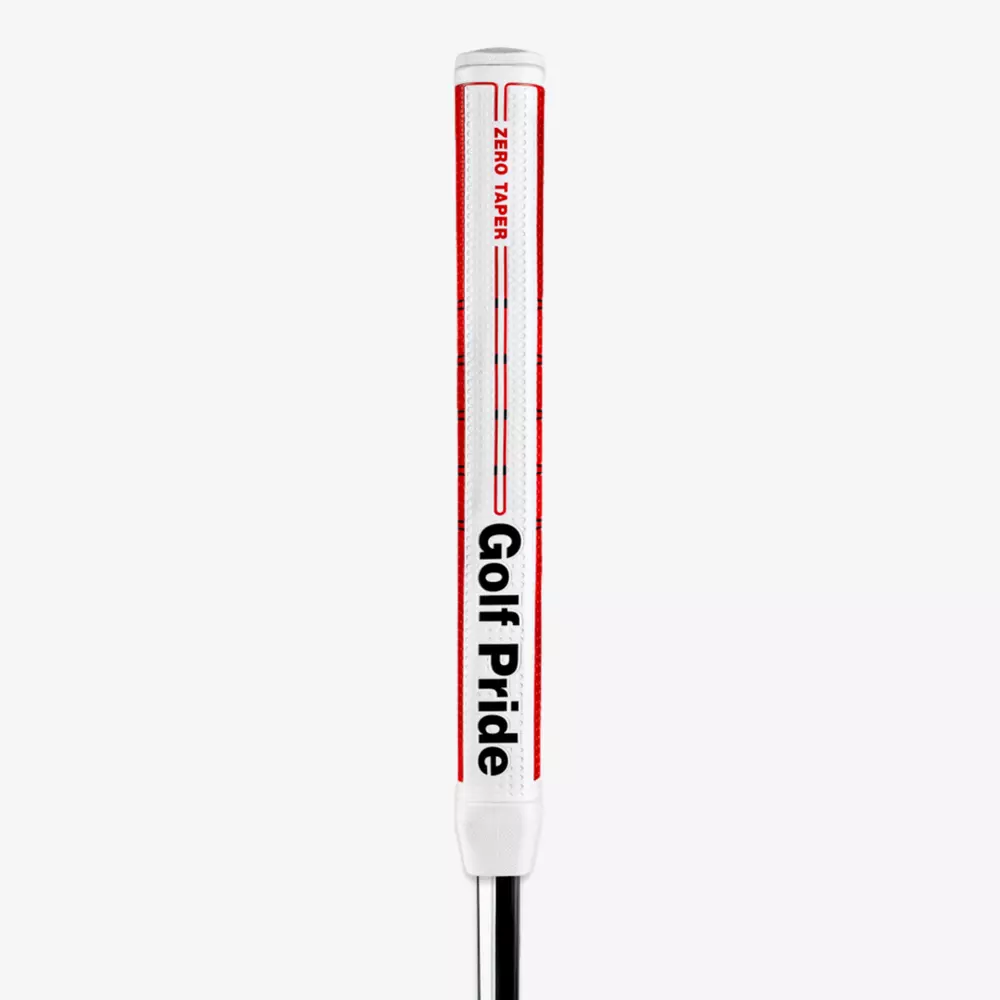 A white golf putter grip with red accents, featuring the words Golf Pride in bold black letters and Zero Taper in smaller red text—perfect for those who want their gear to match the best golf bags 2026 has to offer.