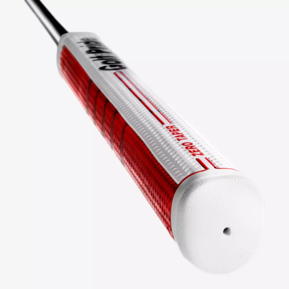 Close-up of a golf club grip with a red and white design, displaying the text Golf Pride and Zero Taper along the handle, set against a plain white background—perfect for pairing with the best golf bags 2026 has to offer.
