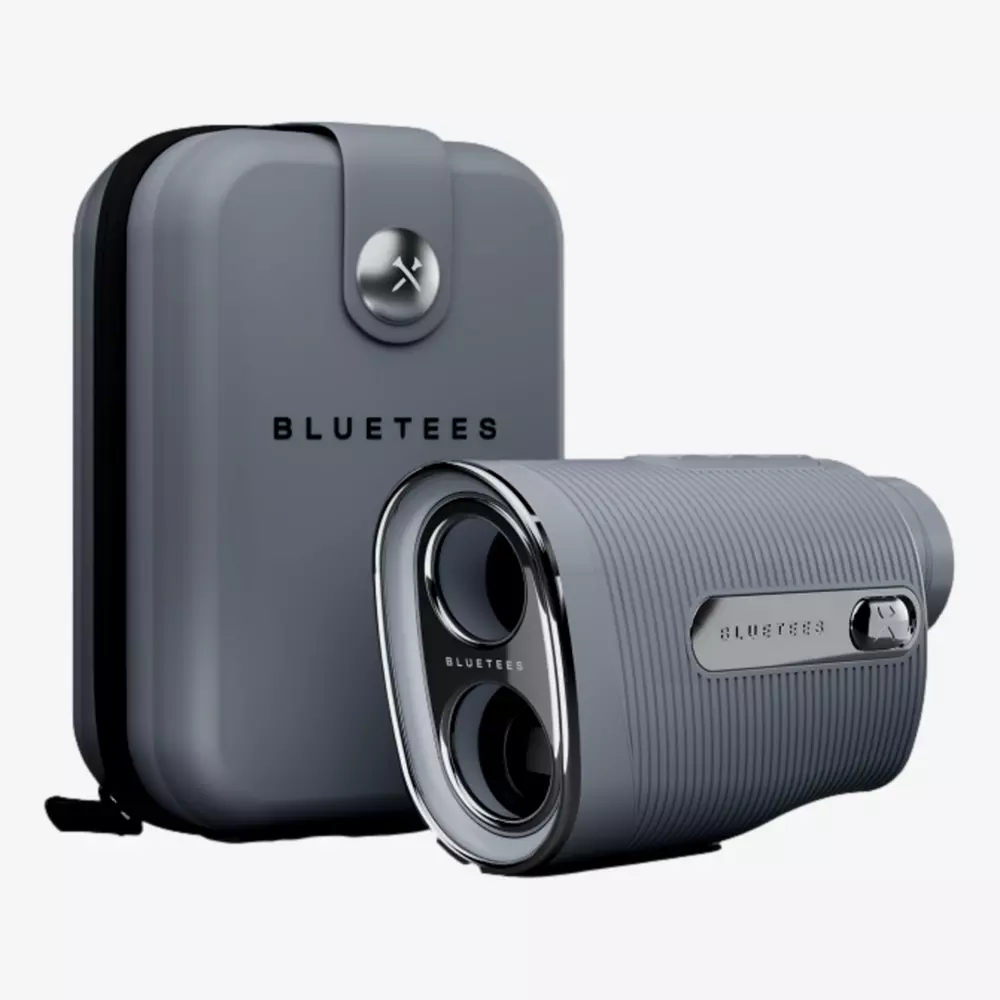 A gray Bluetees golf rangefinder with a textured grip is shown beside its matching hard protective carrying case, both featuring the Bluetees logo. Discover one of the best deals under $50 on this sleek set against a plain light background.