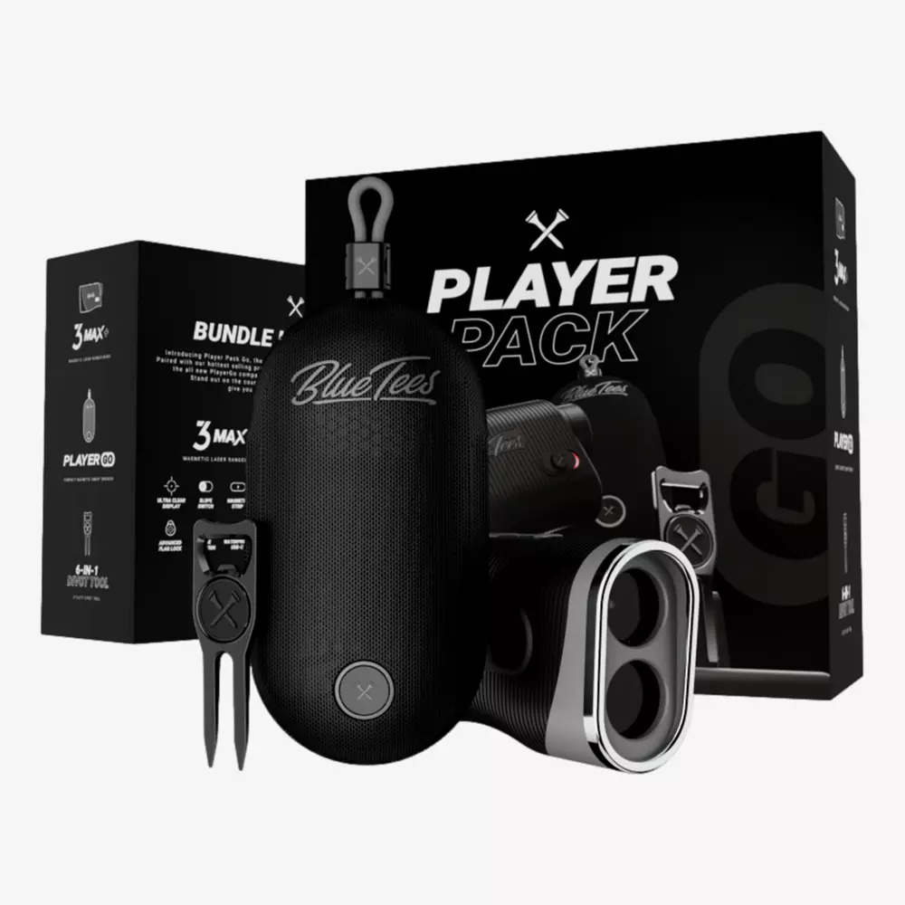 A golf accessory bundle featuring a rangefinder, divot tool, and carrying case in black, displayed with the Player Pack and Blue Tees packaging—one of the best golf deals for $100 or less.