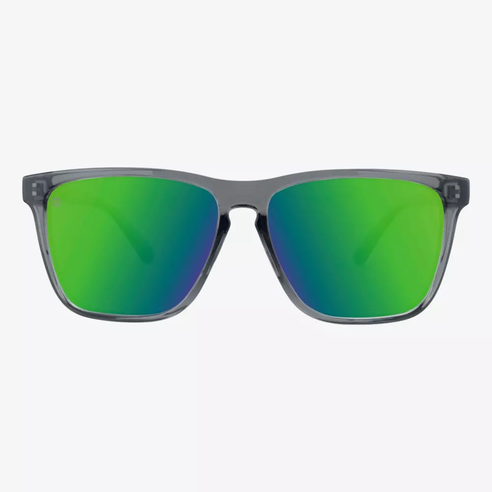 A pair of sunglasses with gray frames and reflective green lenses, perfect for pairing with the best golf bags 2026, displayed against a plain white background.