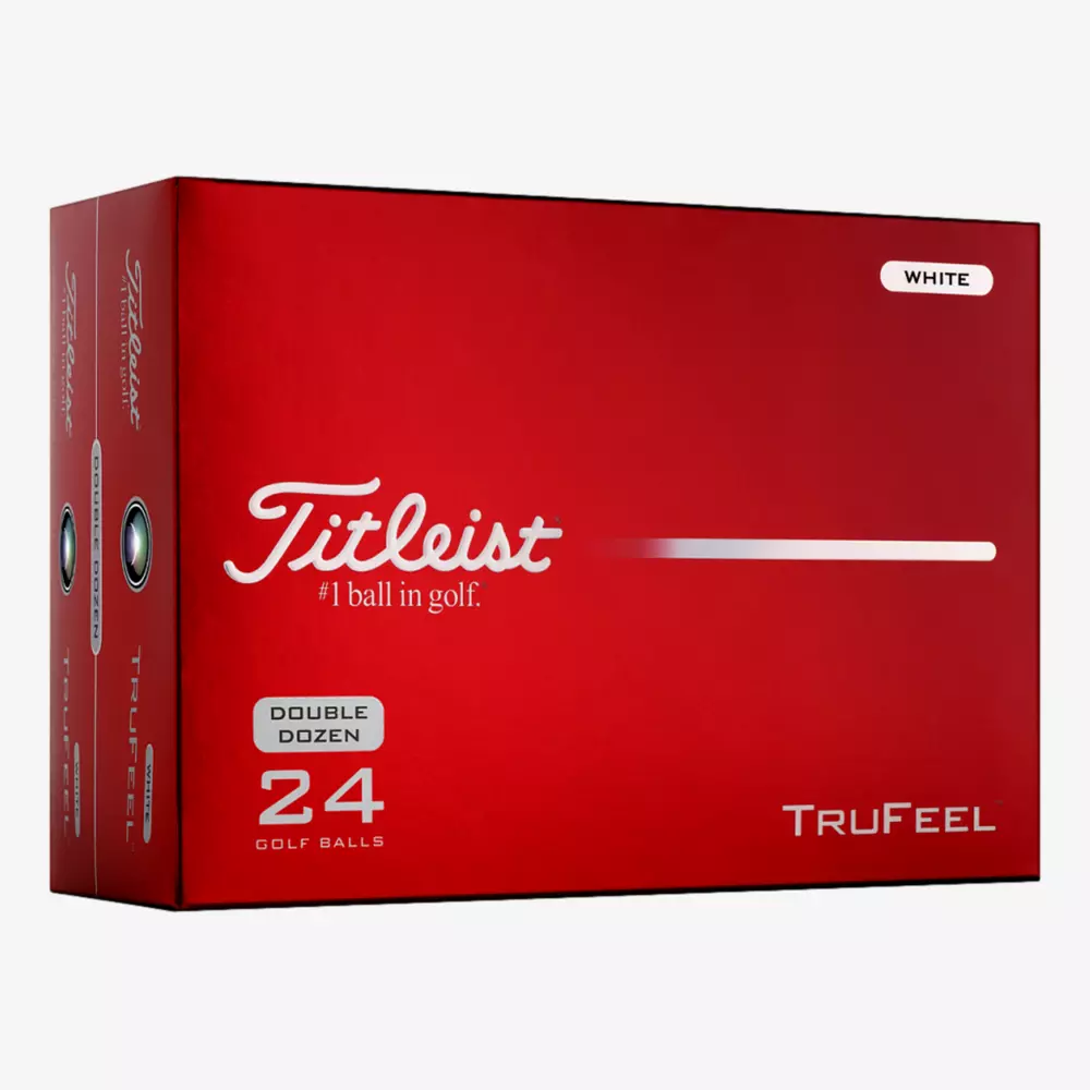 A red box of Titleist TruFeel golf balls labeled Double Dozen, 24 Golf Balls, White. The packaging features the Titleist logo and #1 ball in golf slogan—one of the best deals under $50.
