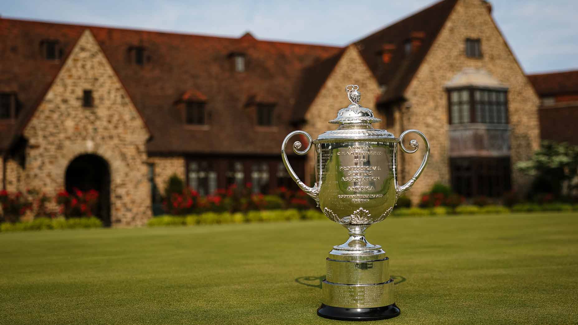 2026 PGA Championship schedule: Wannamaker Trophy pictured in front of Aronimink clubhouse.