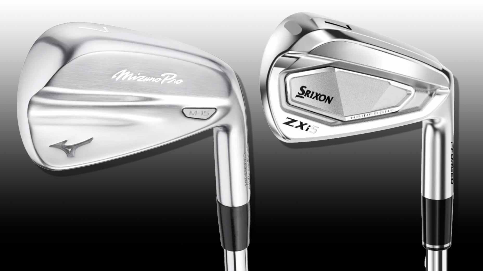 Two silver golf irons are shown side by side; the left iron is labeled Mizuno Pro and M-15, and the right Srixon ZX5—both best-selling clubs with shiny chrome shafts and metallic finishes.