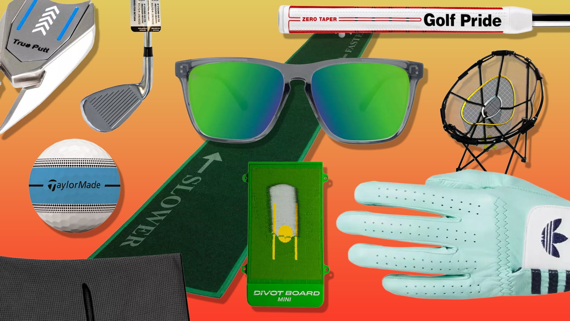 A collage of golf accessories, including a golf club, ball, glove, sunglasses, putting mat, training aid, club grip, and ball retriever—all essentials to pair with the best golf bags 2026—arranged on an orange-to-yellow gradient background.