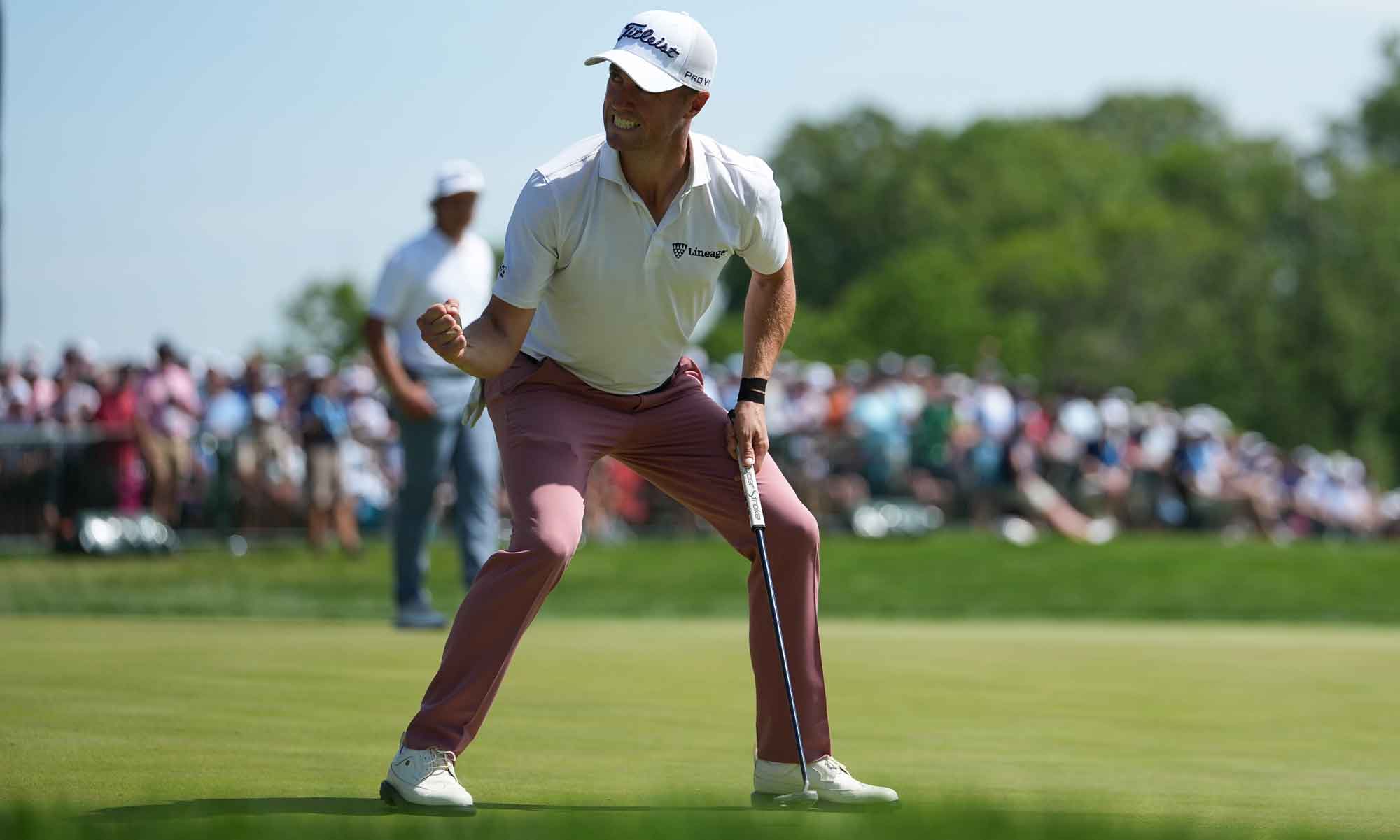 Justin Thomas of the United States looks on from the 16th hole during the final round of the PGA Championship at Aronimink Golf Club