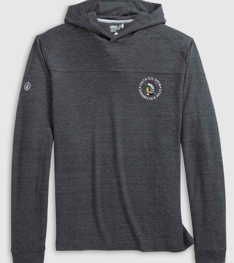 Dark gray hooded long-sleeve shirt with a small circular patch on the left chest, featuring Western U.S. Open Marine Corps Marathon text and a colorful eagle—perfect for golf gifts or unique Father’s Day gifts.