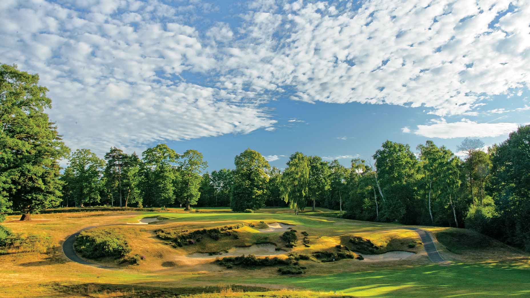 A scenic golf course in London with winding paths, sand bunkers, green fairways, and trees under a blue sky—perfect for those seeking the charm of the greatest golf city.