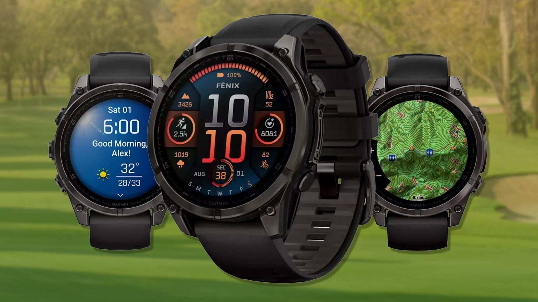 Three Garmin Fenix smartwatches are displayed on a blurred golf course background, showcasing a weather report, activity stats, and a detailed golf map—making them contenders for the best golf smartwatch.