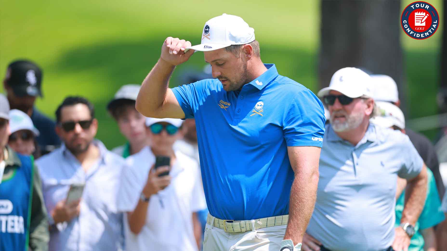 Bryson DeChambeau reacts to a shot at LIV Golf Mexico