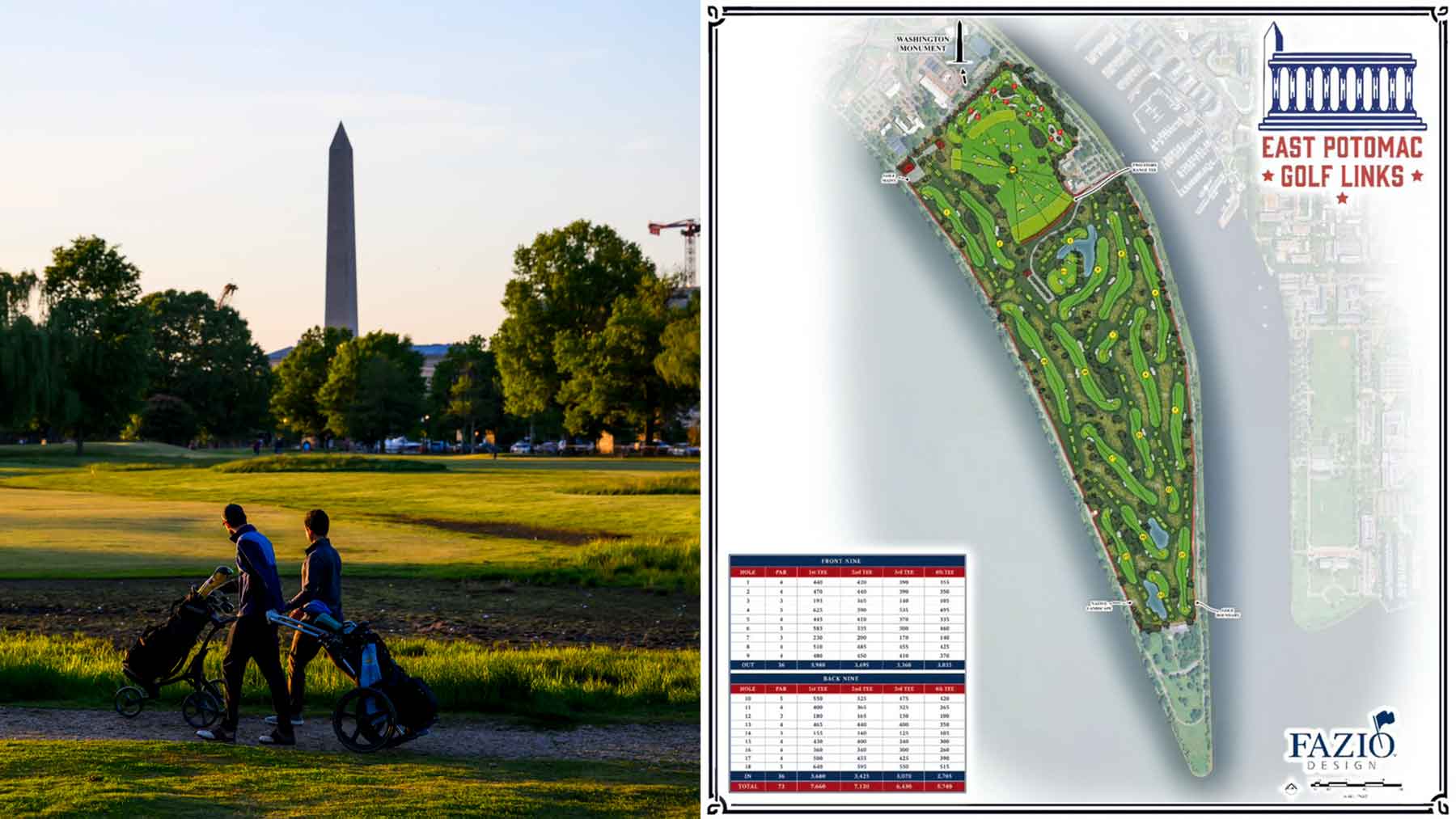 Split image: Left side shows two people with golf bags walking on a golf course with the Washington Monument in the background at sunset. Right side displays a detailed map of the East Potomac Golf Links course, highlighting its D.C. muni renovation design plan.