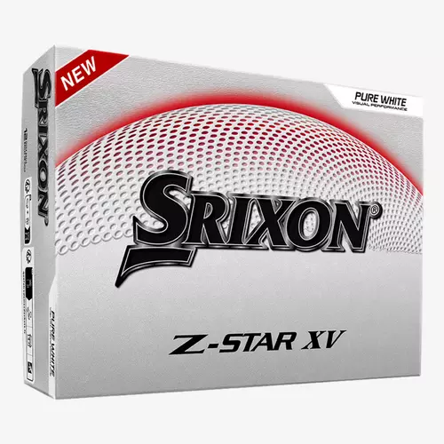 A box of Srixon Z-Star XV golf balls in white packaging, featuring bold black SRIXON lettering—trusted by Hideki Matsuyama—with red accents and the words Pure White and New on the top corners.