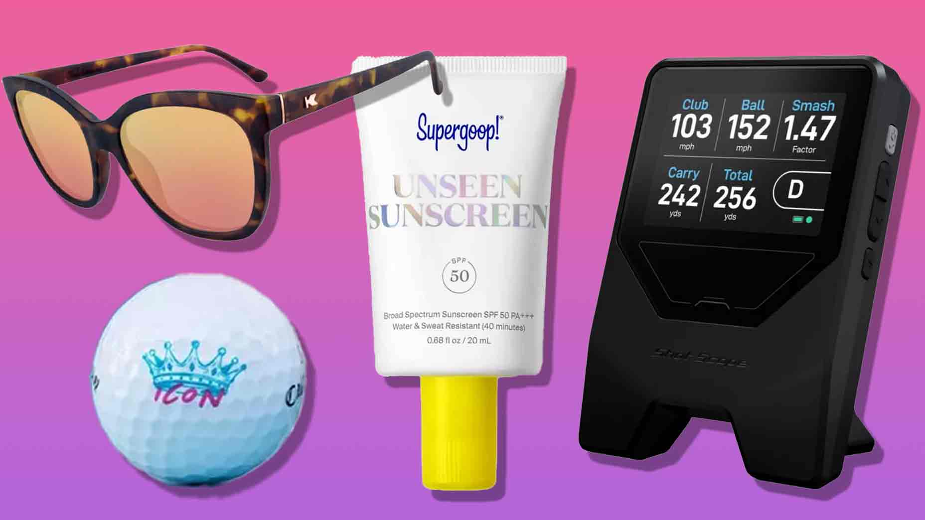 A collage featuring stylish accessories—a pair of tortoiseshell sunglasses, Supergoop! Unseen Sunscreen, a golf ball with ICON and crown, and a black launch monitor—makes for perfect last-minute gifts on a pink-to-purple gradient background.