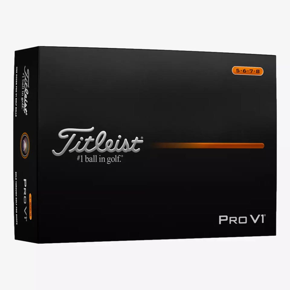 A black box of Titleist Pro V1 golf balls with silver and white text reading Titleist #1 ball in golf and Pro V1. An orange label in the top right corner highlights the numbers 5, 6, 7, and 8. Perfect for those seeking high-performance golf balls.