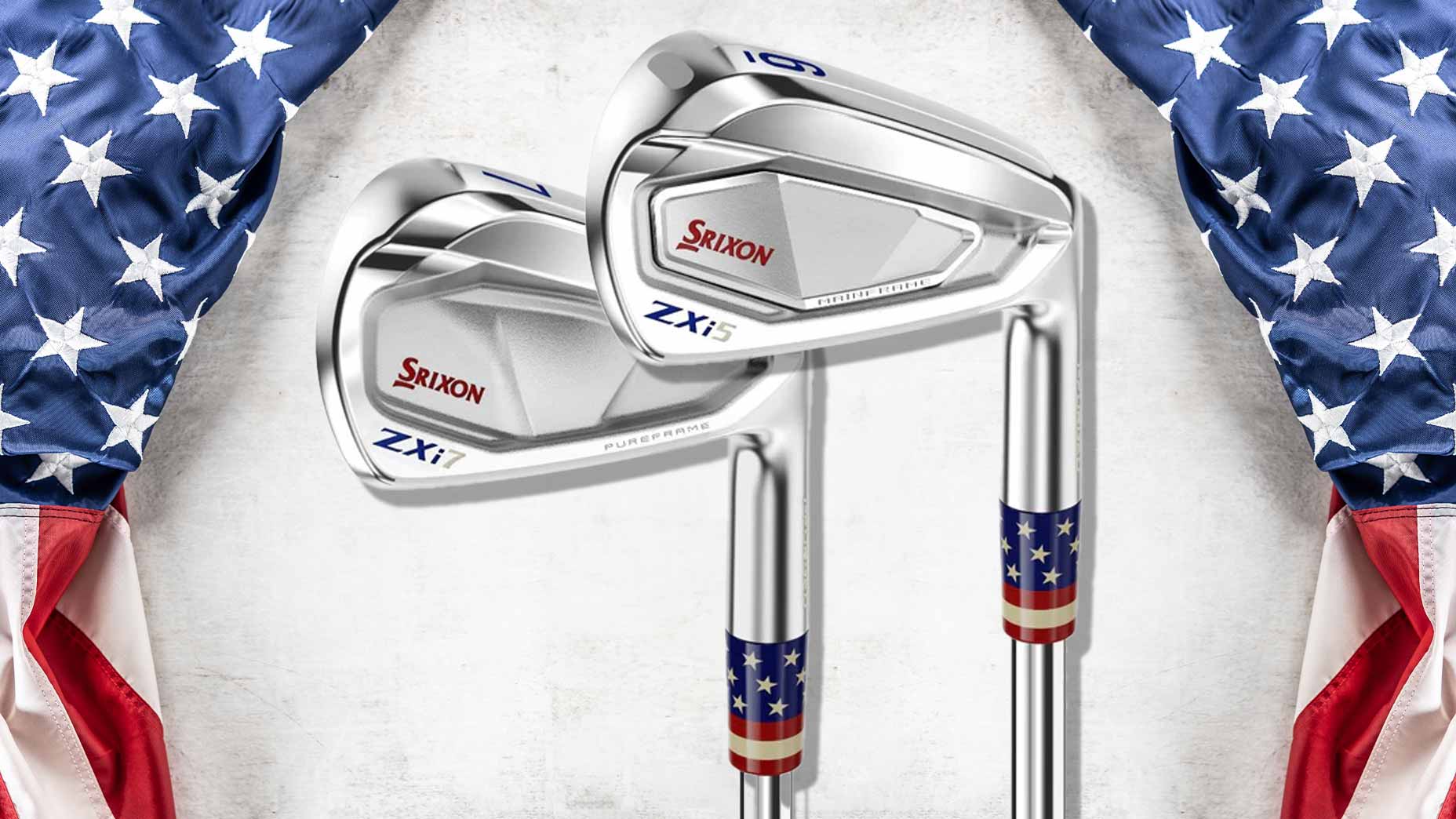 Two best-selling irons, the Srixon ZX7 and ZX5, with metallic finishes are displayed against draped American flags, while the shafts feature stars and stripes detailing—a limited-edition combo set celebrating American pride.
