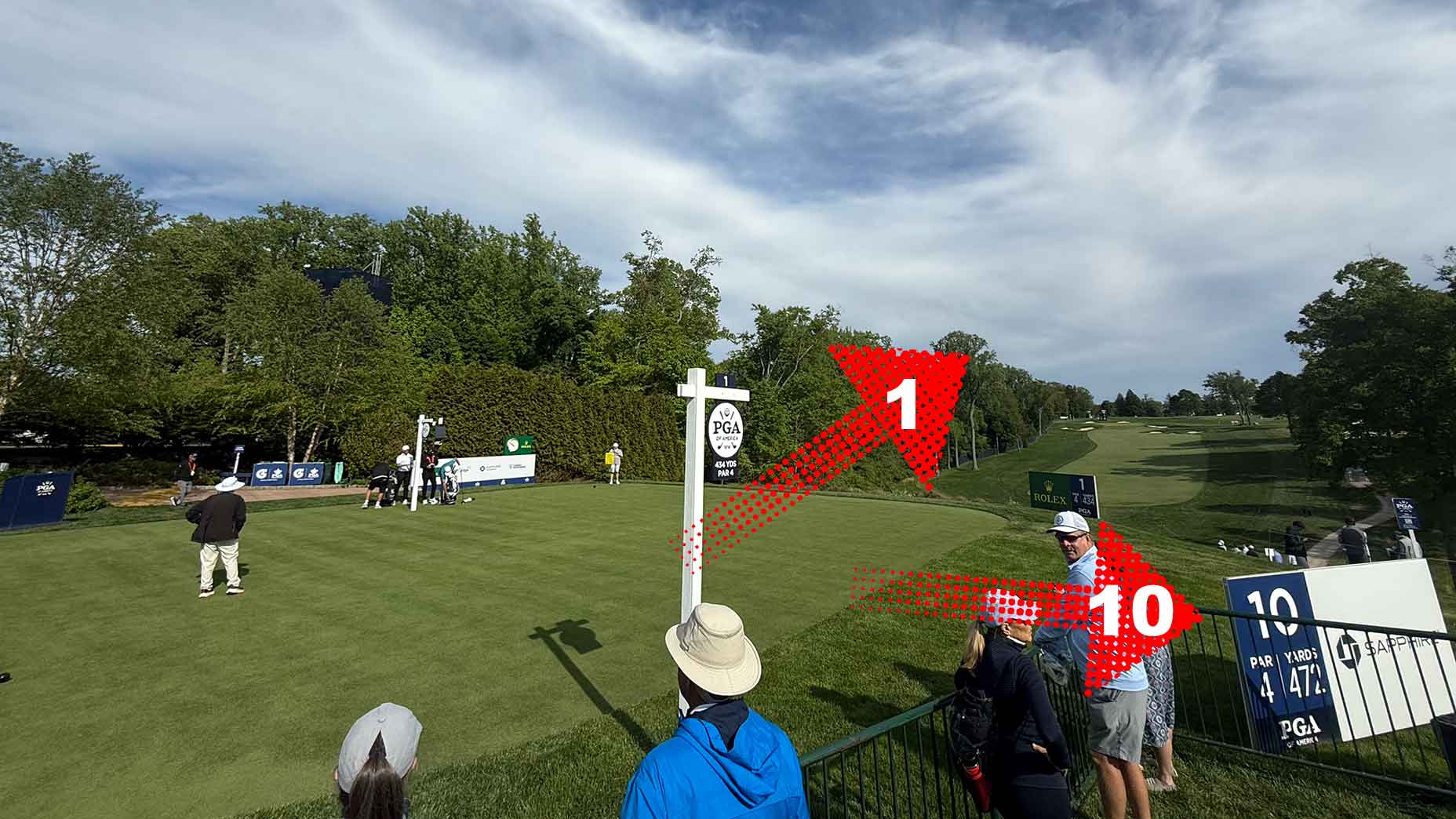 Wide view of Aronimink’s tee area at the PGA Championship captures early observations as players prepare to hit; a white signpost and red arrows marked 1 and 10 point to different holes, while spectators watch under a partly cloudy sky.