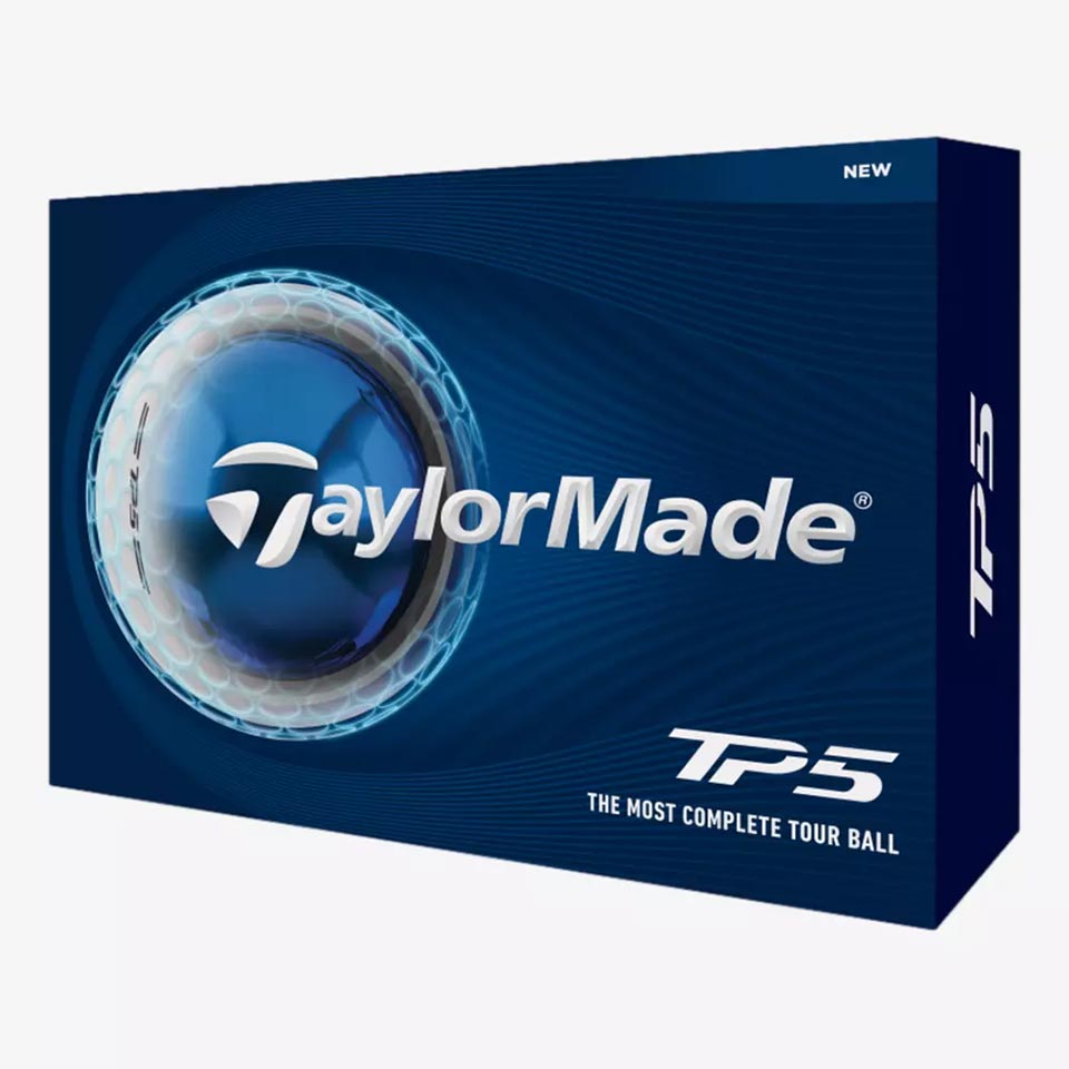 A box of TaylorMade TP5 golf balls featuring a large blue golf ball graphic, the TaylorMade logo, and text that reads TP5 The Most Complete Tour Ball, all in a striking blue, white, and silver design. Perfect for golf ball enthusiasts.