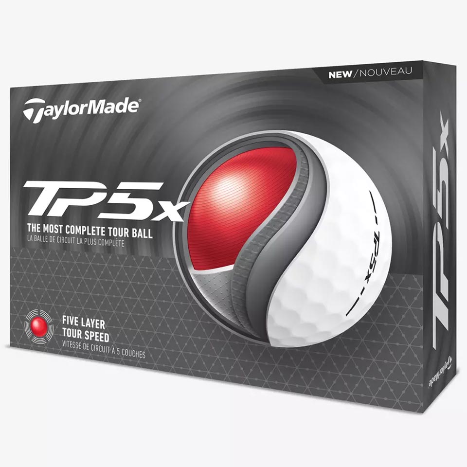 Box of TaylorMade TP5x golf balls featuring a cutaway image that reveals its five internal layers, with text highlighting it as the most complete tour golf ball delivering five-layer tour speed.