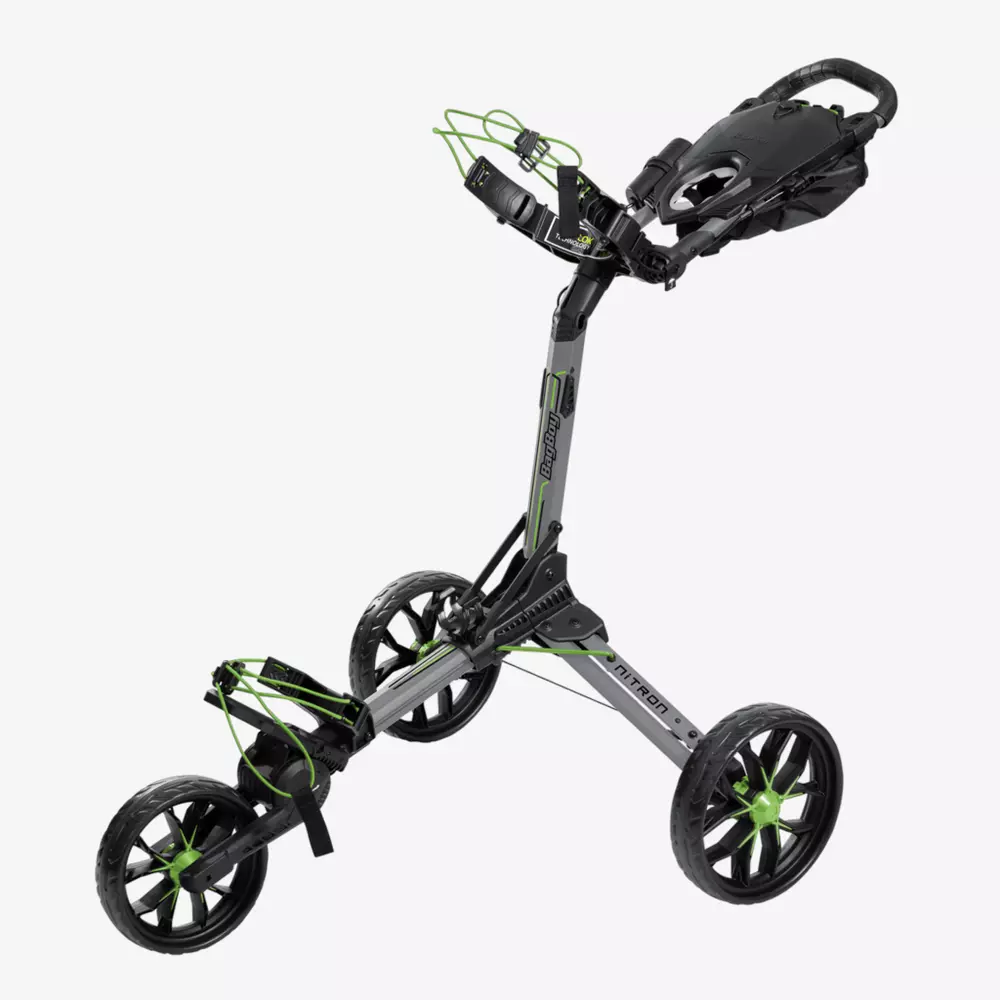 A three-wheeled golf push cart with a black and green color scheme, featuring a sturdy frame, adjustable handle, and storage compartment&mdash;perfect for those who ask, 