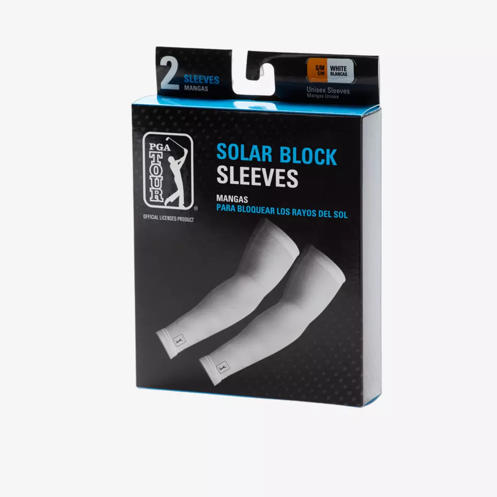 A box of PGA Tour Solar Block Sleeves featuring an image of two white arm sleeves. The packaging highlights UV protection in both English and Spanish&mdash;a smart pick from the 5 Golf Deals Worth Buying Right Now.