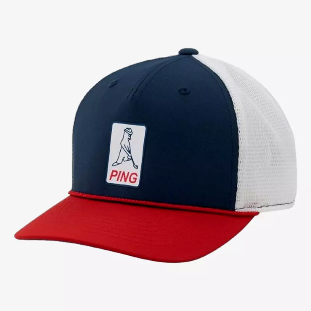 A baseball cap with a navy blue front panel, red visor, white mesh back, and a PING patch featuring a stylized animal—perfect for those seeking the best golf deals for around $250.