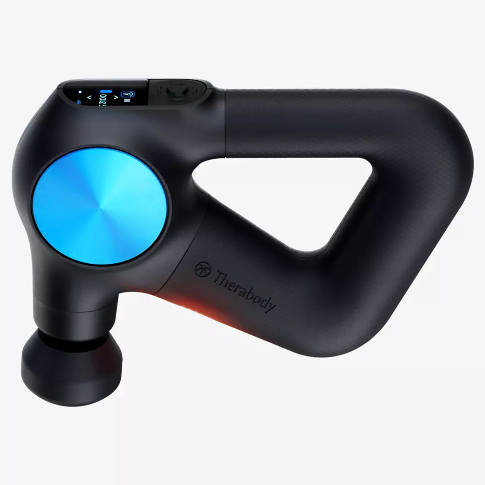 A black Therabody massage gun with a blue metallic circular accent, digital display, and a triangular handle design, shown on a white background&mdash;perfect for recovery after finding the best deals on premium golf tech.