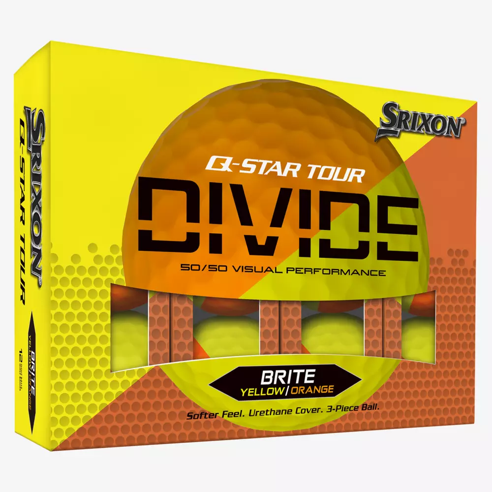 A yellow and orange Srixon Q-Star Tour Divide golf ball package displays &ldquo;Brite Yellow/Orange,&rdquo; highlighting its 50/50 visual performance and soft urethane cover. Three golf balls are visible&mdash;proving summer&rsquo;s bright colors aren&rsquo;t just for rain gear!.