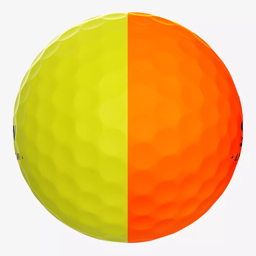 A close-up of a golf ball with a dimpled surface, split evenly in half&mdash;yellow on the left and orange on the right. Is summer the right time to buy rain gear? Yes! Even on bright days, be prepared for sudden showers.