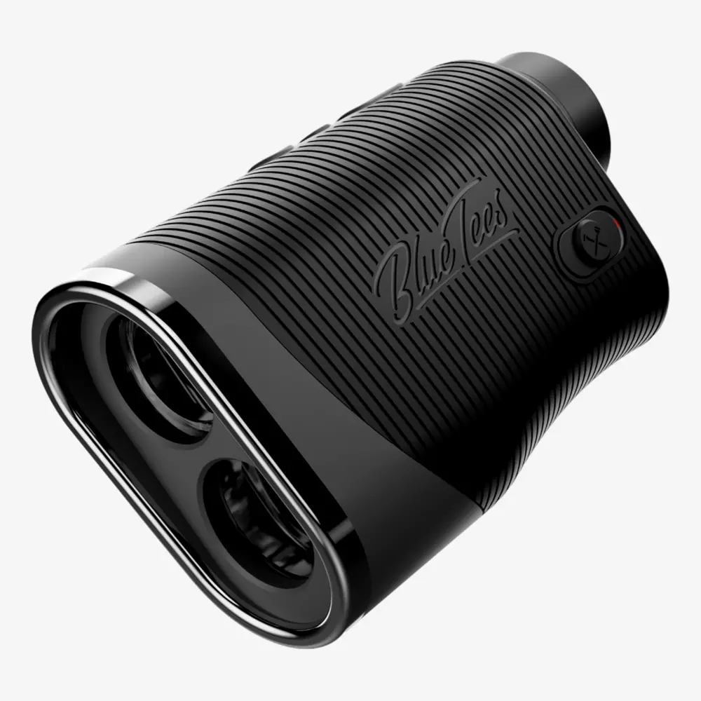 A black, handheld Blue Tees golf rangefinder with a textured grip, two round lenses, and a side button is shown on a white background&mdash;perfect for golfers seeking the best deals on premium golf tech.