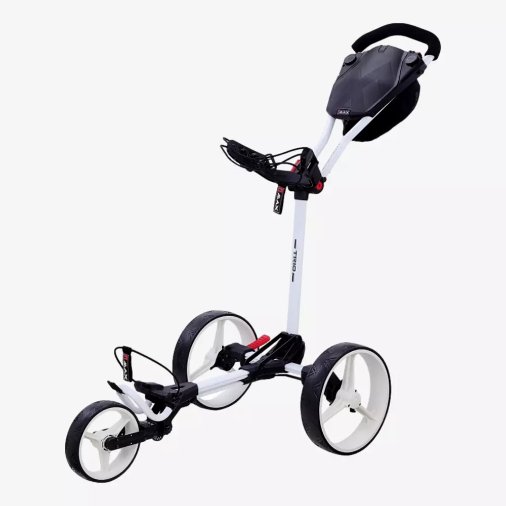 A three-wheeled, white and black push golf cart with a handle, storage compartment, and slots for holding golf clubs&mdash;because is summer the right time to buy rain gear? Yes! Be prepared for any weather on the course.