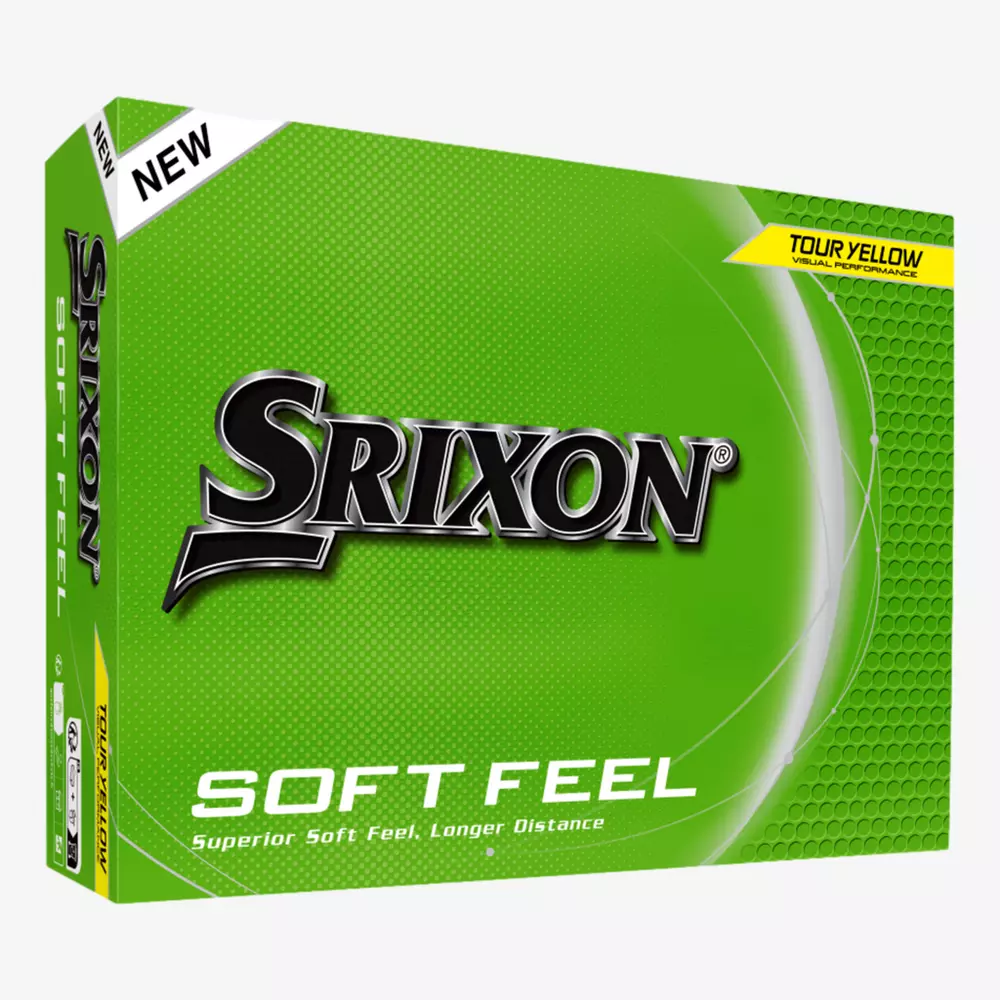 A green box of Srixon Soft Feel golf balls, labeled NEW in the top left and TOUR YELLOW in the top right, with white and silver text stating Superior Soft Feel. Pair with the best golf smartwatch for longer distance.