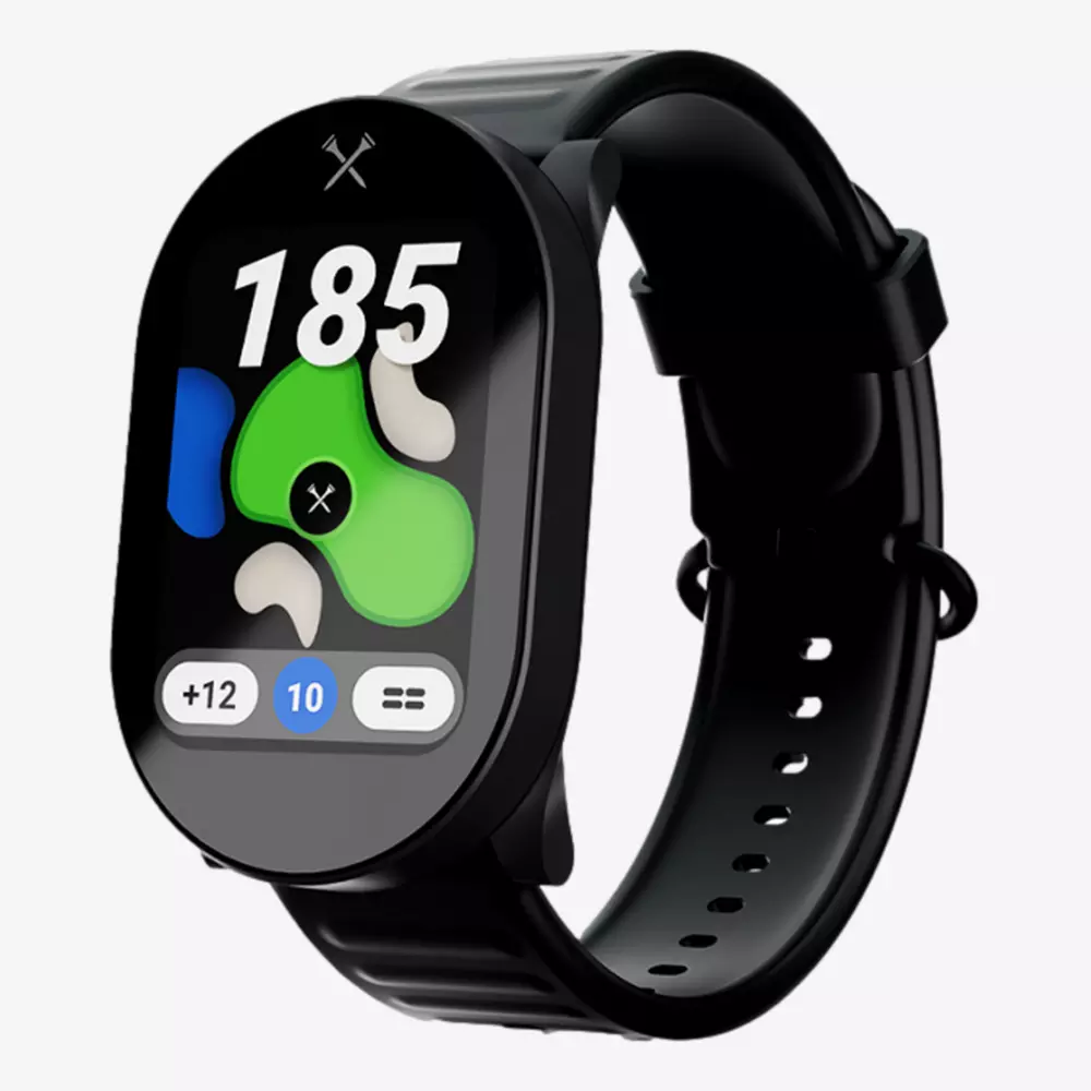A black smartwatch with a colorful digital display showing the number 185, abstract shapes in green, blue, and white, and two buttons labeled +12 and 10&mdash;an ideal pick for those seeking the best golf smartwatch.