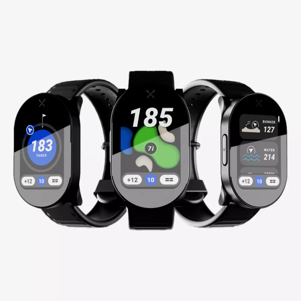 Three black smartwatches, including the best golf smartwatch, display golf-related screens such as distance to the hole, a course map with yardage, and water hazard details, all set against a plain white background.
