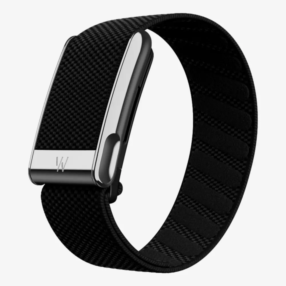 A black fabric wristband with a sleek, metallic rectangular clasp, featuring a small engraved W logo&mdash;perfect for those seeking the best deals on premium golf tech. The band has a textured surface and a modern, minimalist design.