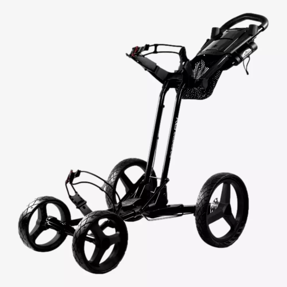 A black, four-wheeled golf push cart with a handle, storage console, and sturdy frame is shown on a white background. The cart is empty, wheel supports extended&mdash;ready for your golf bag or even rain gear. Is summer the right time to buy rain gear? Yes!.