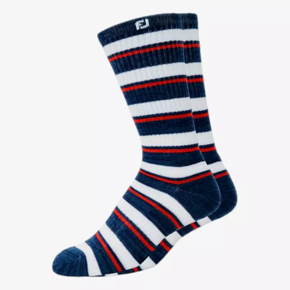 A pair of crew-length socks featuring horizontal navy blue, white, and red stripes, with a small white logo near the top cuff—perfect for those scoring the best golf deals for around $250.