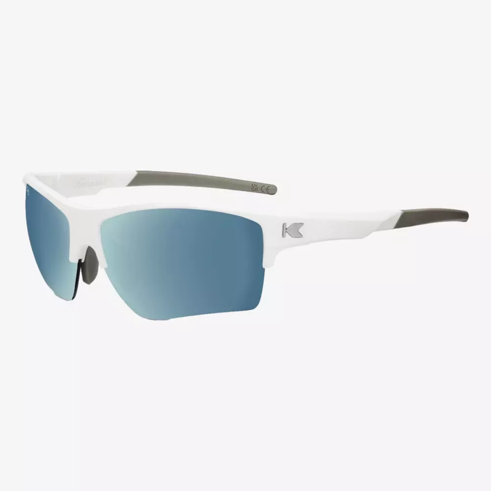 White sports sunglasses with light blue mirrored lenses and dark gray arms, shown at an angle on a plain white background—perfect for those seeking the best golf deals for around $250.