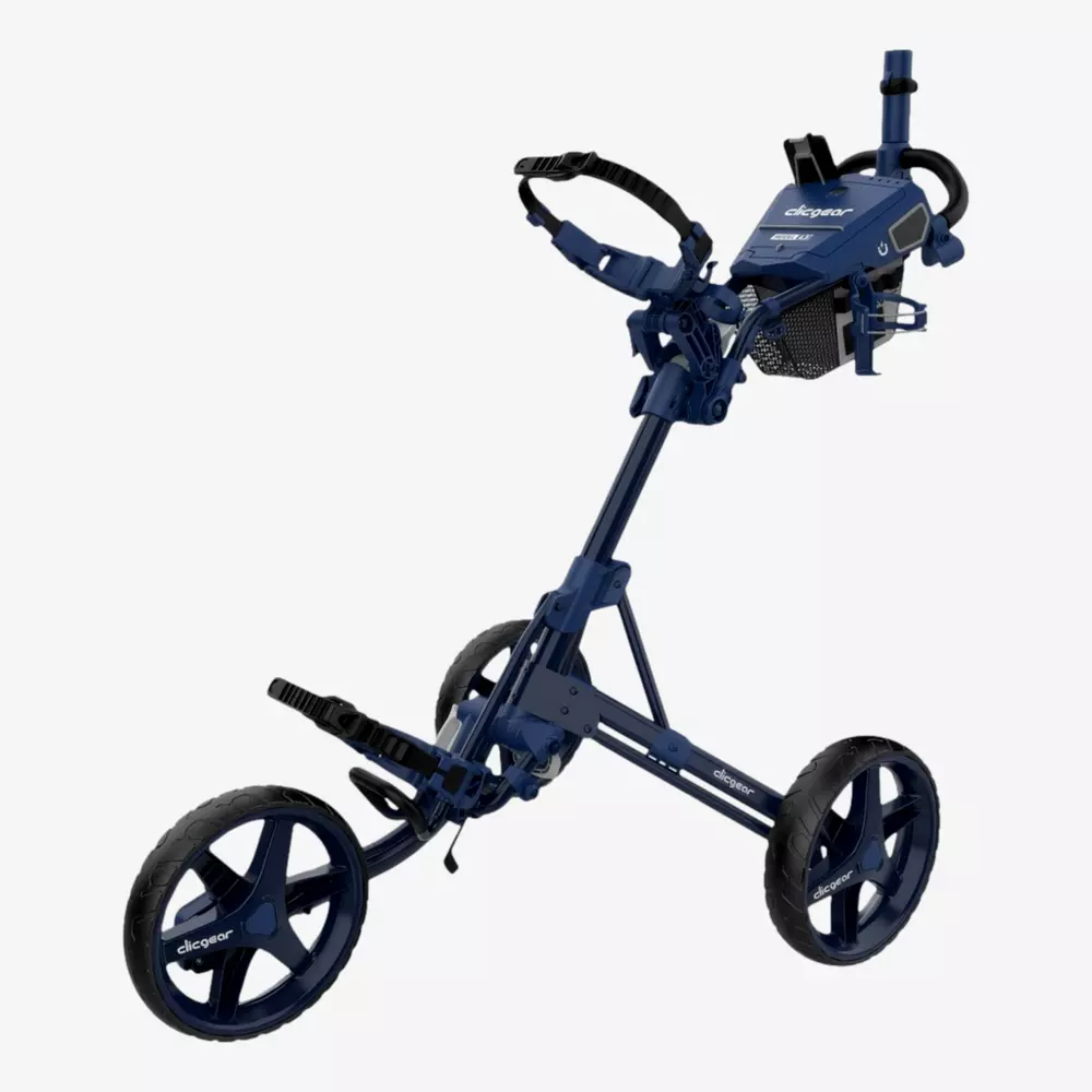 A navy blue three-wheel golf push cart with a sturdy frame, adjustable handle, and a mesh storage compartment&mdash;perfect for carrying your golf bag and accessories. Is summer the right time to buy rain gear? Yes! Stay prepared on the course year-round.