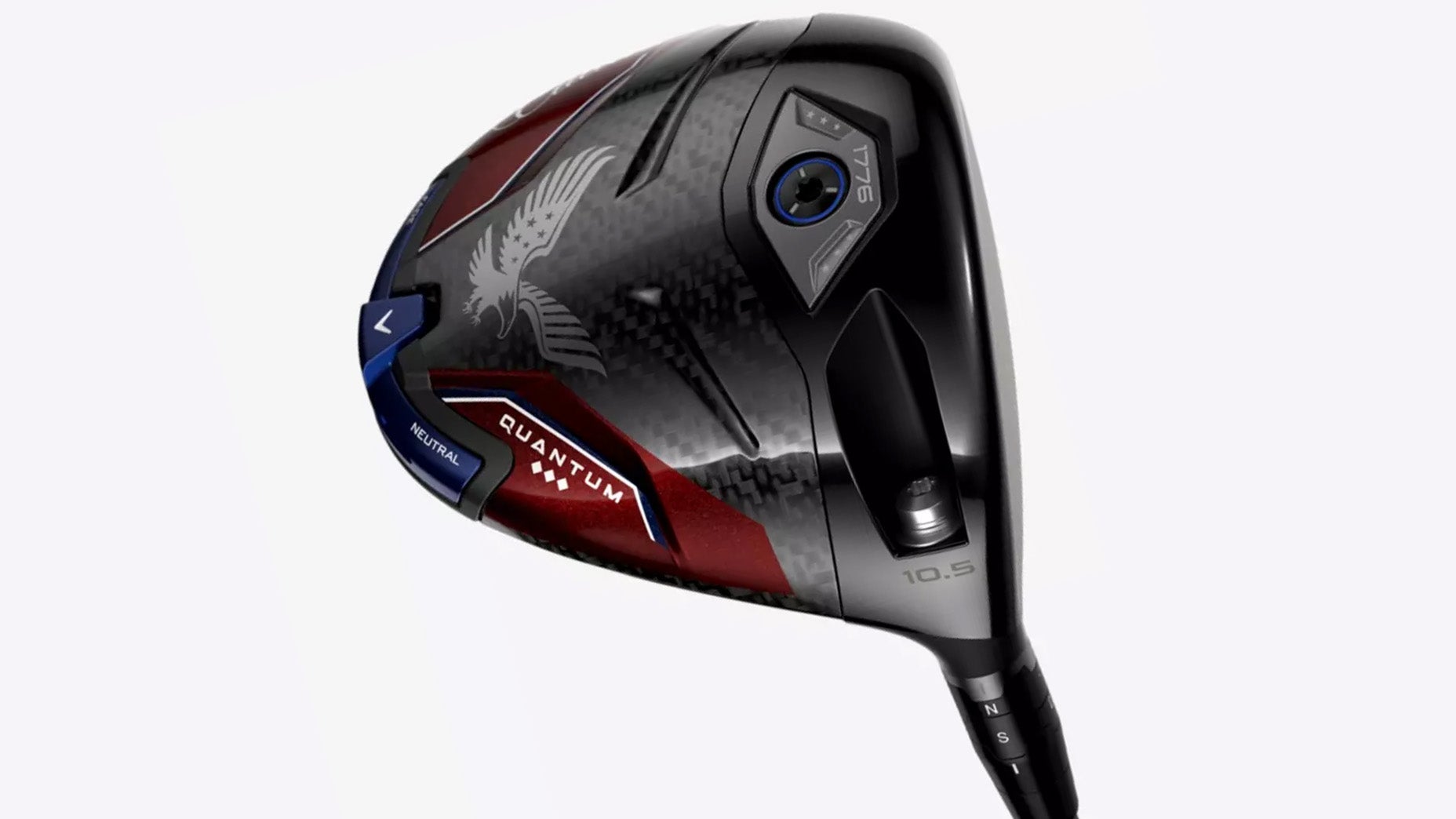 A close-up of a golf driver clubhead with a sleek, modern design in black, red, and silver—perfect for a patriotic celebration or showcasing red white and blue gear—with an eagle graphic, the word Quantum, and the number 10.5 indicating loft.