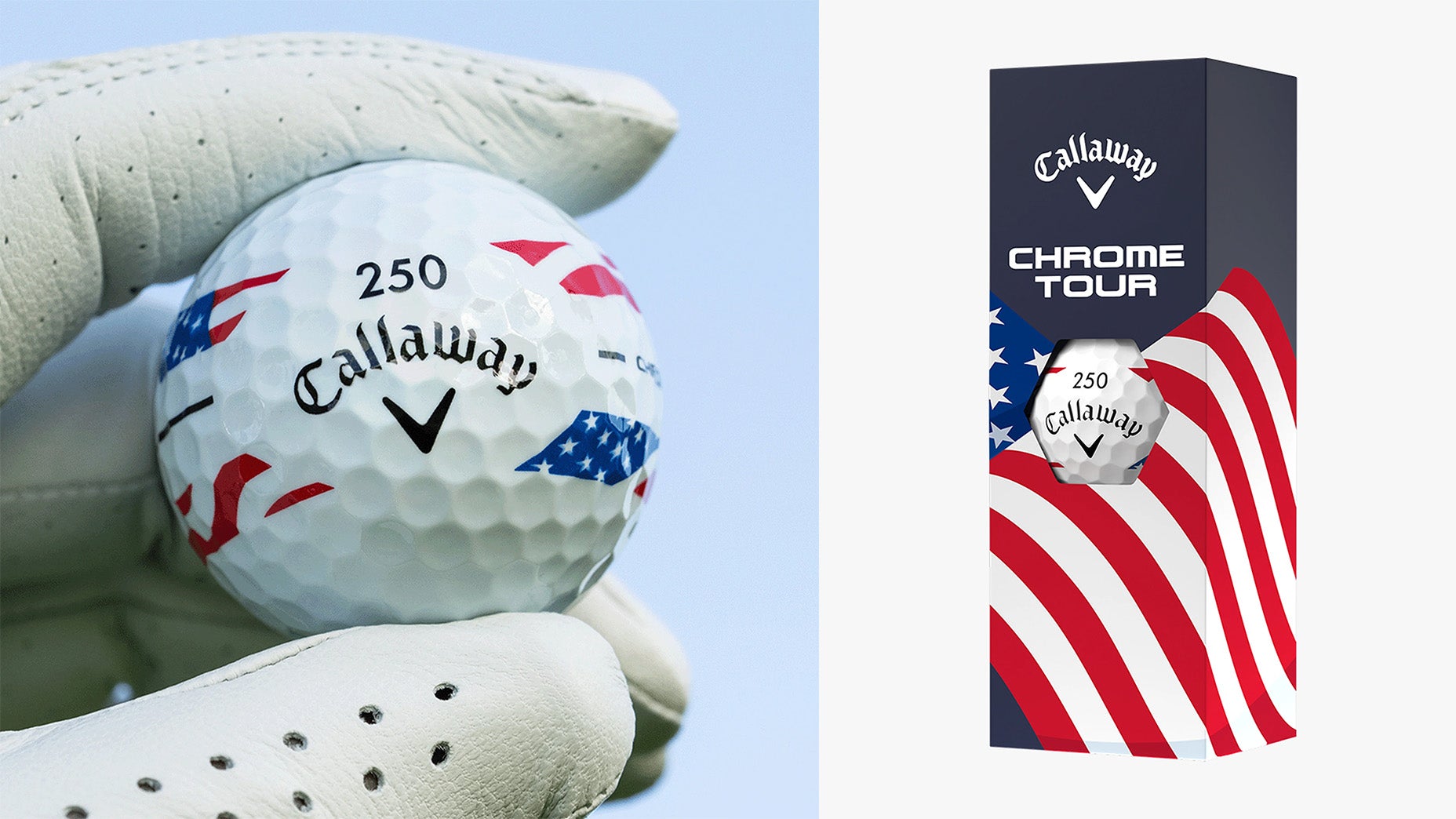 A gloved hand holds a Callaway golf ball decorated with red and blue American flag designs—perfect red white and blue gear for a patriotic celebration. Next to it, the ball appears packaged in a Callaway Chrome Tour box featuring stars and stripes.