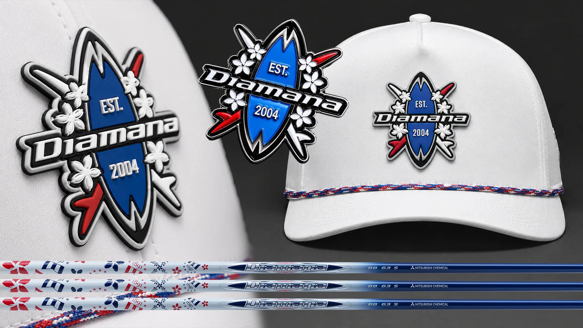 A white cap with a blue, black, and white patch reading EST. Diamana 2004 is shown alongside close-ups of the patch and three golf club shafts with blue and red designs on a black background.