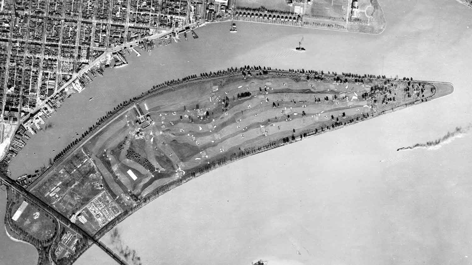 A map of East Potomac Park detailing the municipal golf course layout, with fairways, greens, labeled holes, tree preservation details in the legend, and boundaries marked by Washington Channel and Potomac River.