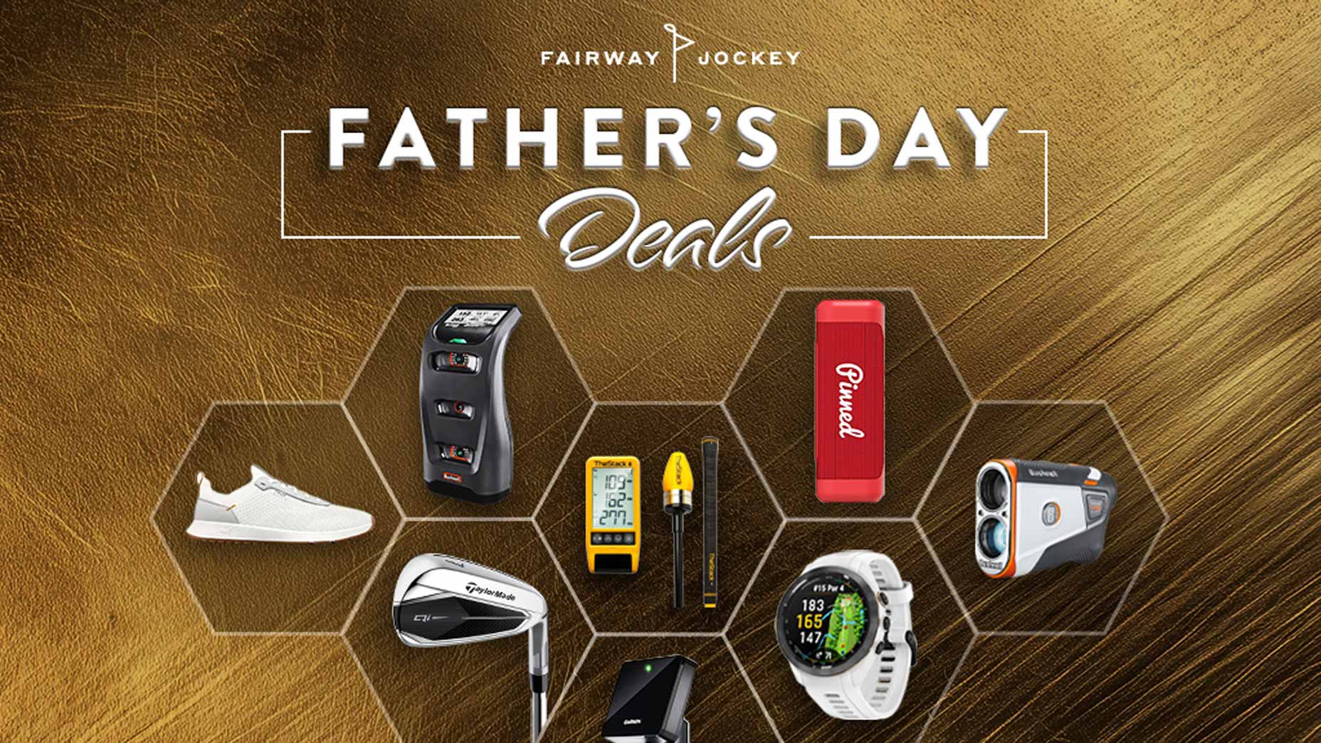 A gold background with Fairway Jockey Father’s Day sales text at the top, showcasing various gift items including shoes, golf gear, a smartwatch, tools, and gadgets arranged in hexagonal frames.