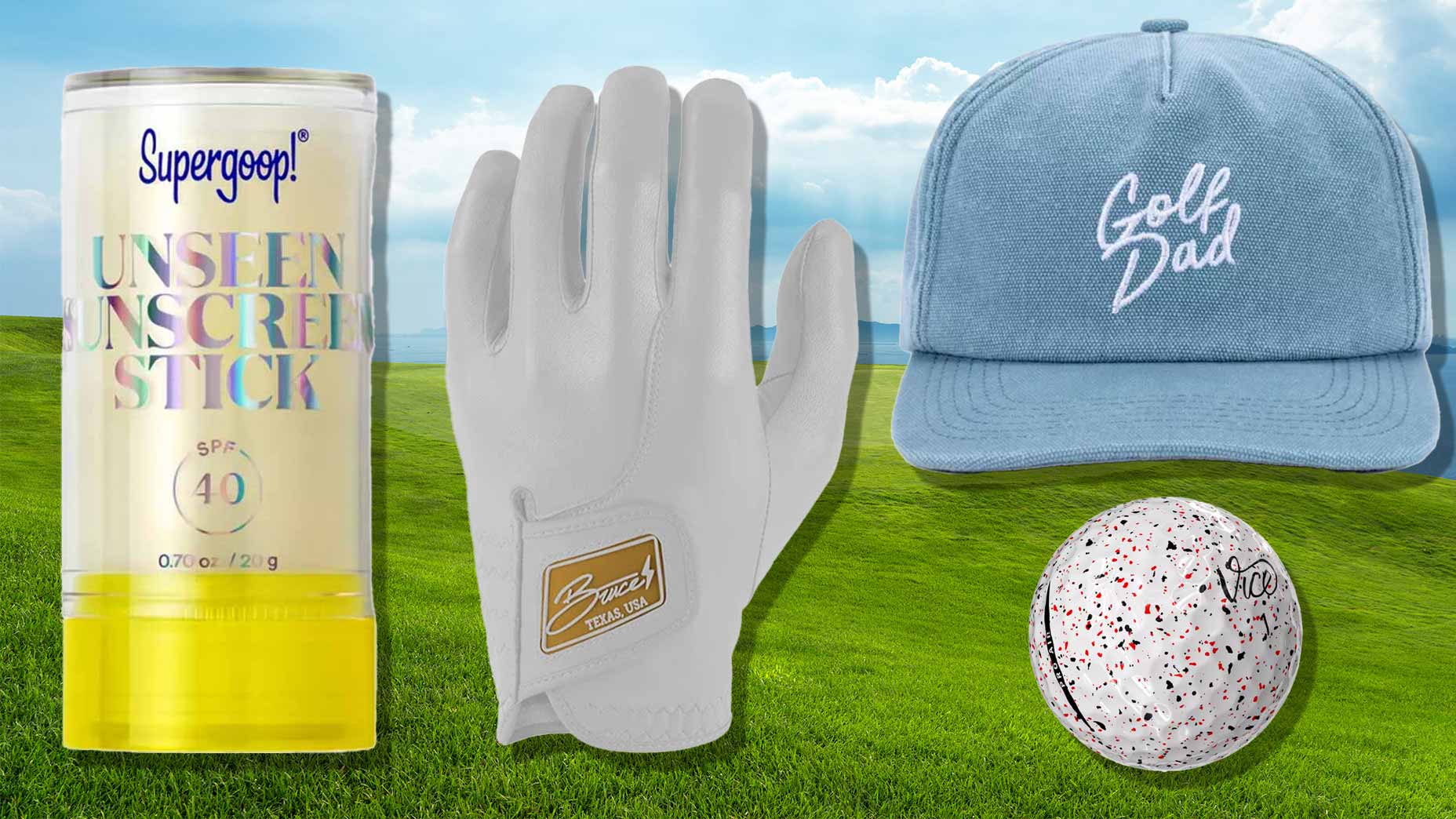 A yellow Supergoop! sunscreen stick, a white golf glove, a blue Golf Dad hat, and a white golf ball with red speckles showcase stylish golf accessories against a green golf course background.
