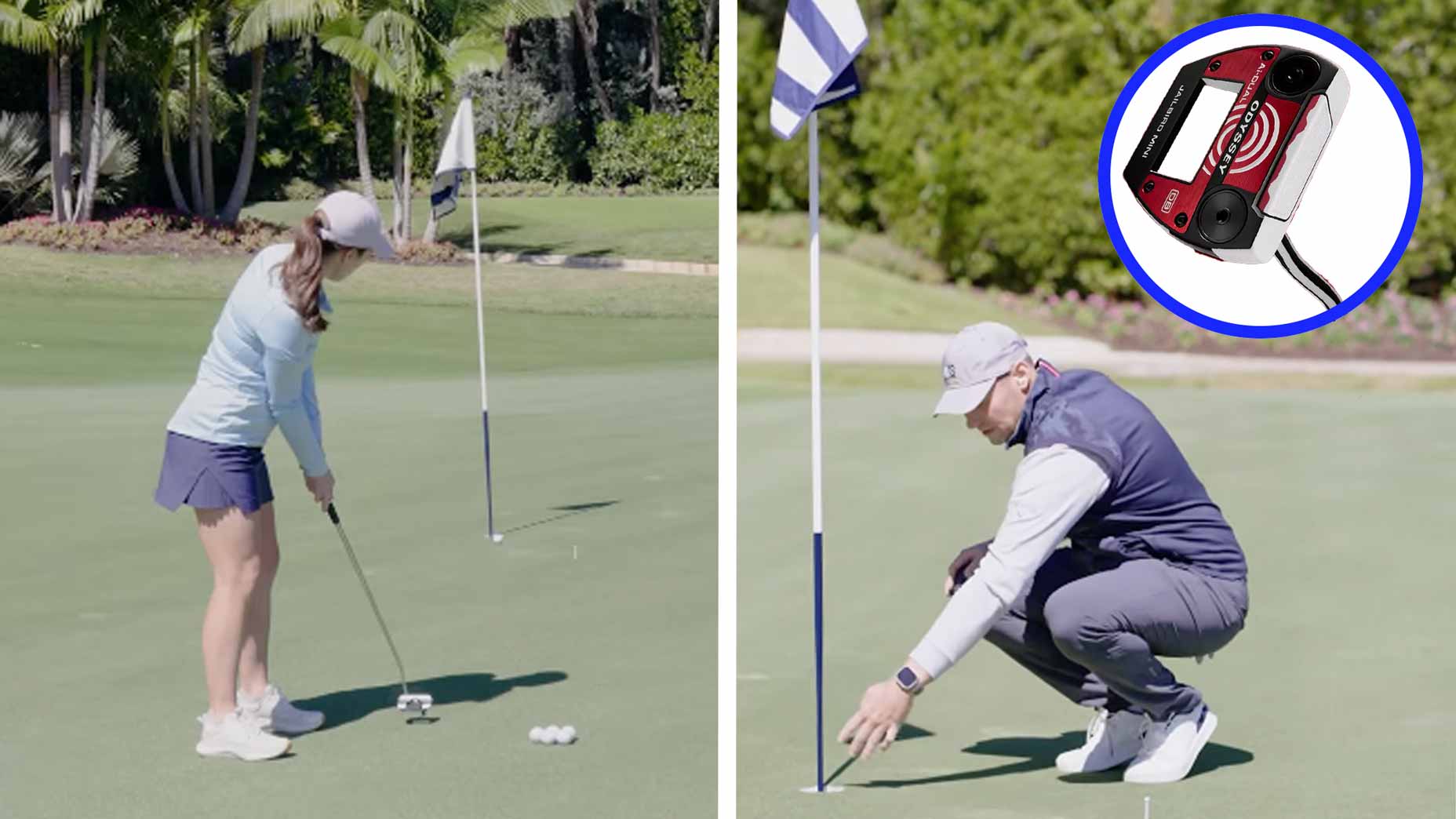 Split image: On the left, a woman lines up a golf putt near the hole, preparing for tricky sliding putts; on the right, a man crouches by the flagstick. Inset: close-up of a red golf putting training device.