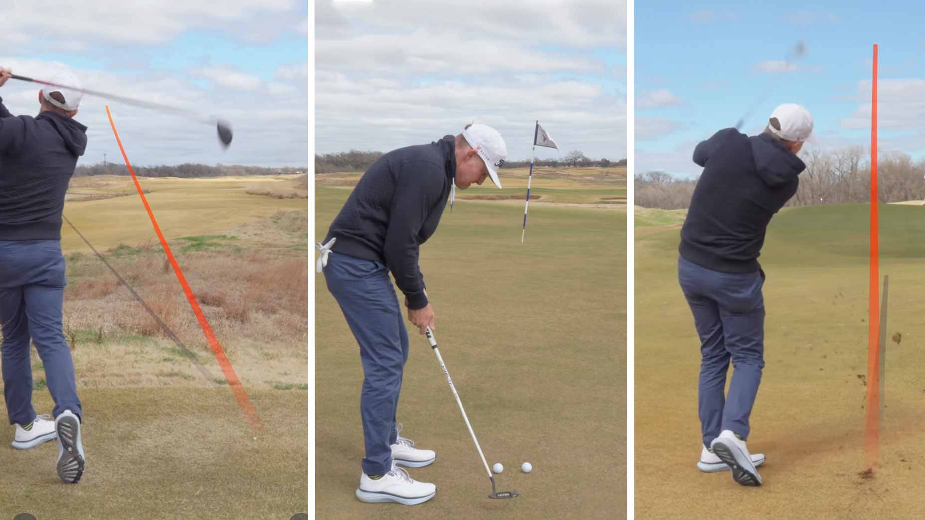 Three side-by-side images show a golfer in a white cap and dark clothing executing golf shots, putting on a green, and finishing a drive—each with orange lines tracing the ball’s trajectory, just like tour pros under the watchful eye of a top teacher.